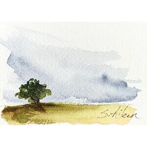 ACEO Landscape Painting Watercolor Ink Green Trees Open Field Gray Sky II Signed